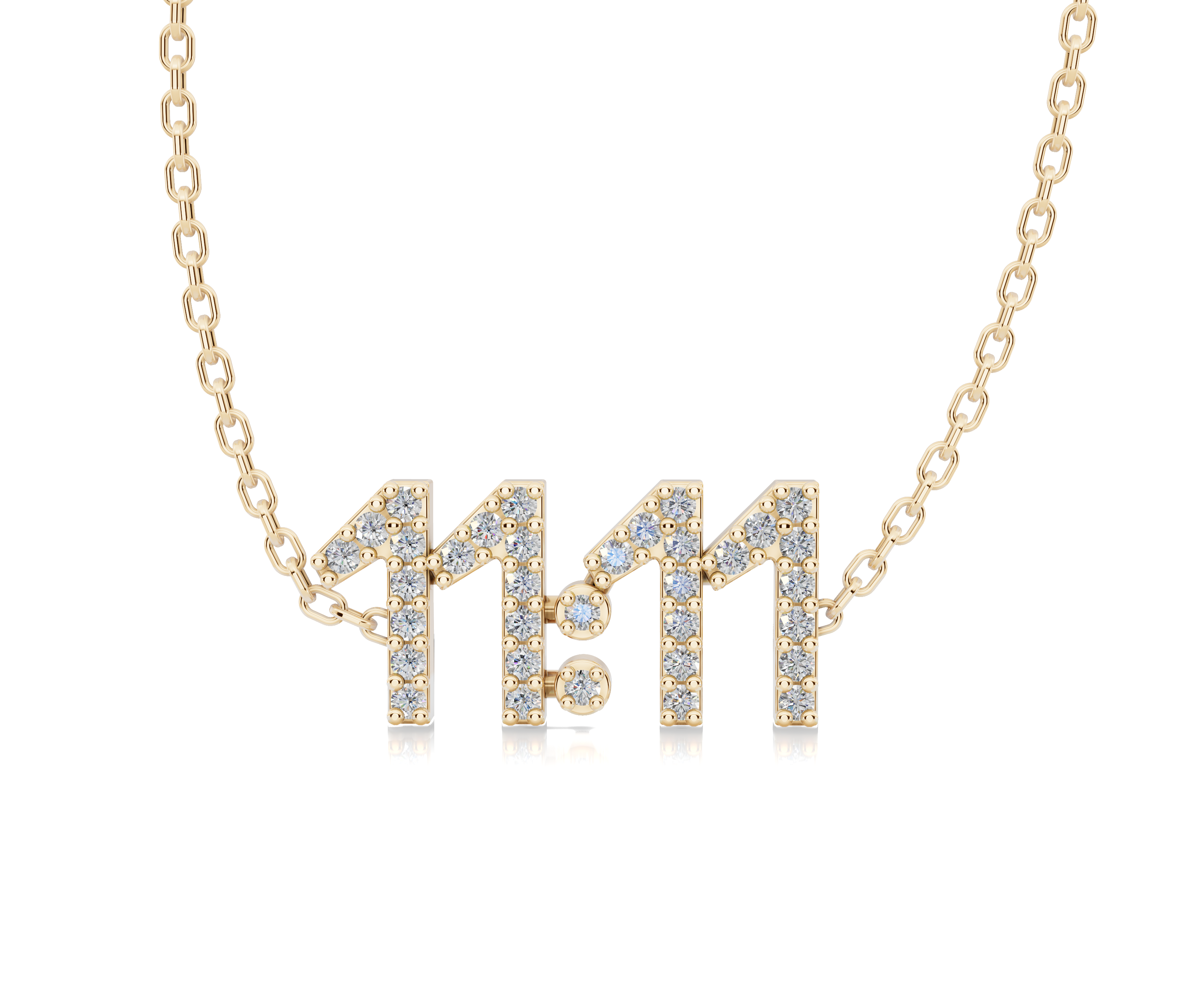 close up 11:11 pavé diamond necklace in 18k gold, fine chain with delicate number detail and natural diamonds