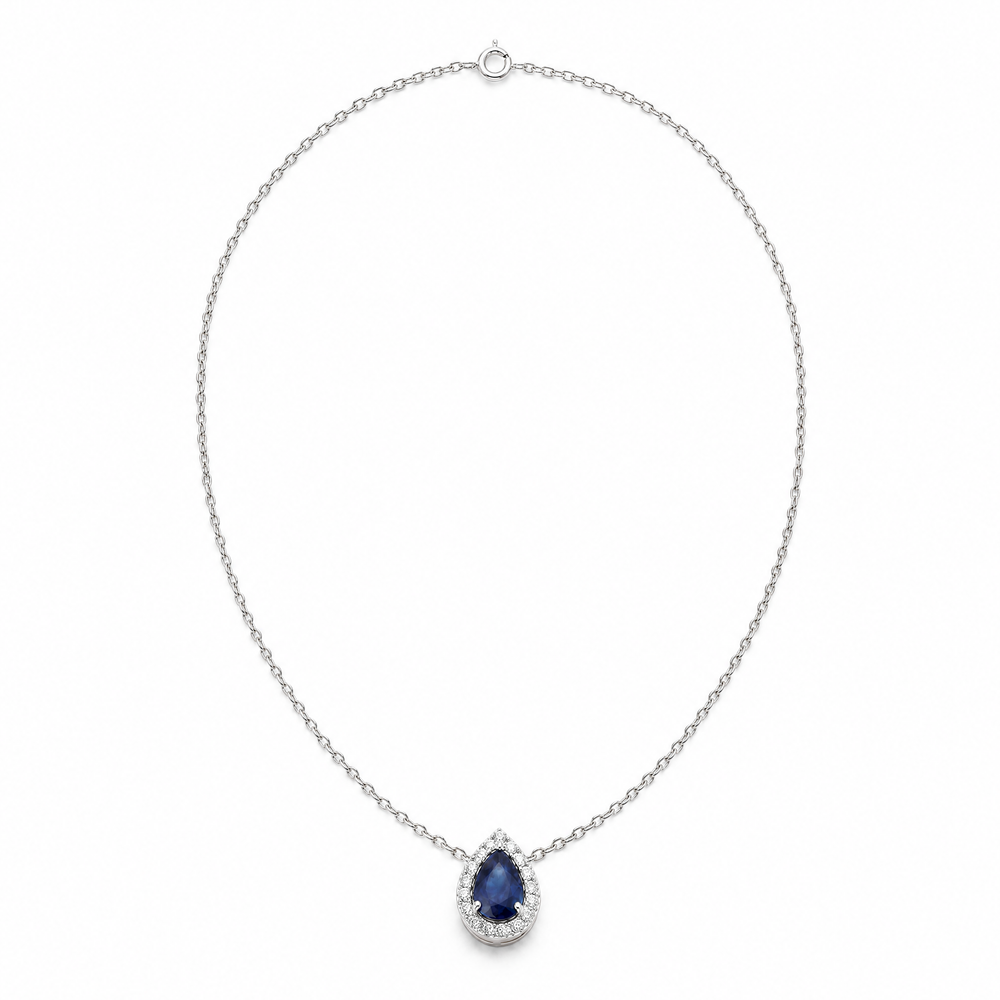 GABRIELLE Anhänger mit tropfenförmigem blauem Saphir und Diamantpavé – Nahaufnahme