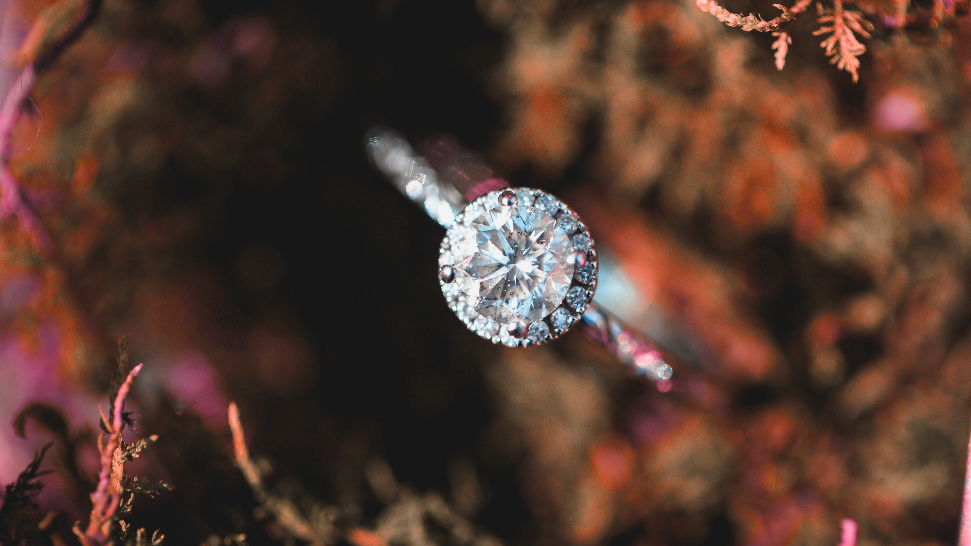 Halo diamond engagement ring with traceable natural diamonds in autumn setting