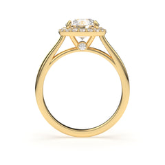Side profile of LILOU ring in yellow gold showing halo of traceable diamonds
