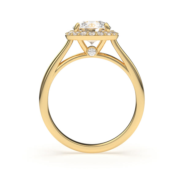 Side profile of LILOU ring in yellow gold showing halo of traceable diamonds
