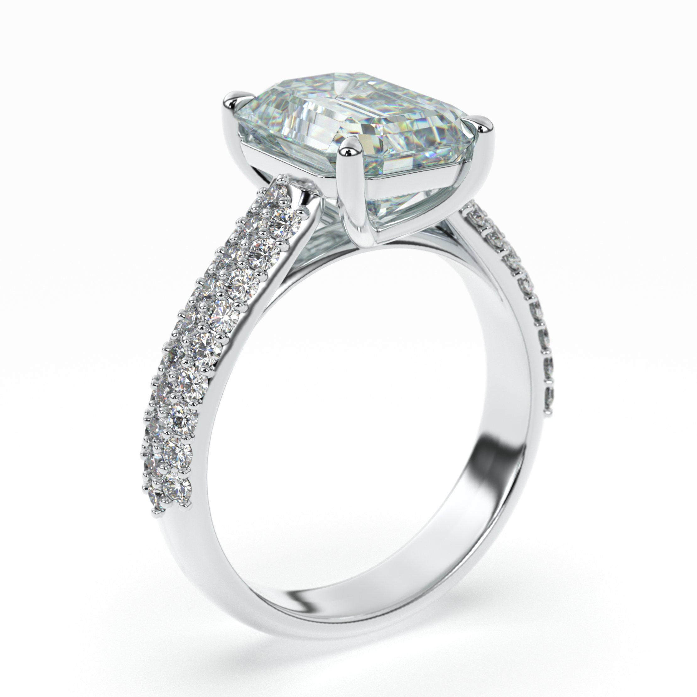 Emerald cut diamond engagement ring with three-row pavé shank – traceable natural diamond
